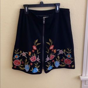 Suede, embroidered, zip-up skirt